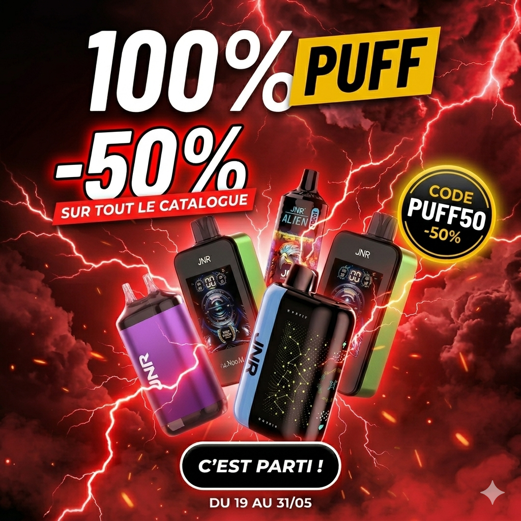 Puffs JNR en promo -50% avec le code PUFF50, livraison rapide France - Offre PuffEngros du 19 au 31 mai